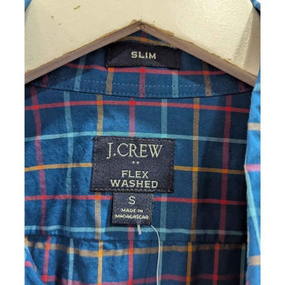 J. Crew Factory Flex Washed Slim Blue & Red Plaid Casual Button Down Shirt NWT